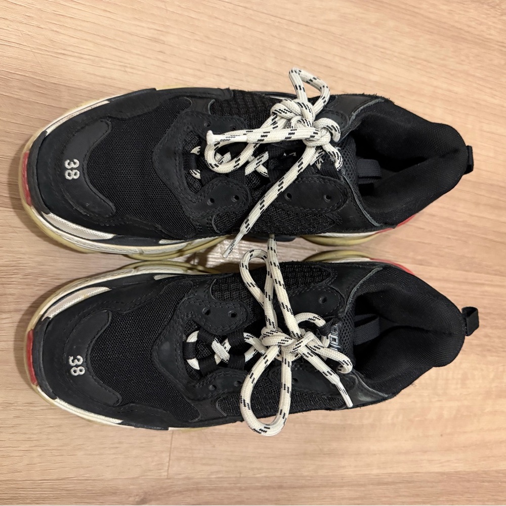 Balenciaga Black Triple S Sneakers with White Laces and Red Heel Accents